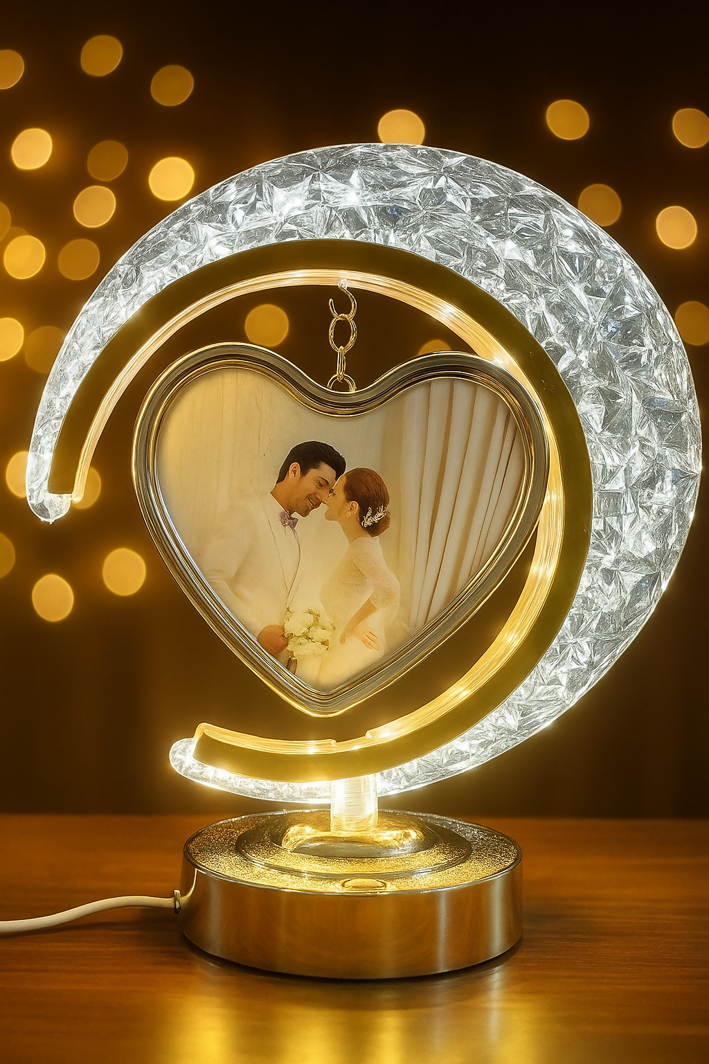 Crescent Moon LED Table Lamp with Hanging Heart-Shaped Rotating Photo Frame â€“ Crystal-Textured Decorative Light for Bedroom or Living Room â€“ Personalized Gift for Couples, Wedding, Anniversary & Valentineâ€™s Day