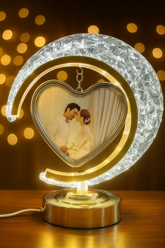 Crescent Moon LED Table Lamp with Hanging Heart-Shaped Rotating Photo Frame â€“ Crystal-Textured Decorative Light for Bedroom or Living Room â€“ Personalized Gift for Couples, Wedding, Anniversary & Valentineâ€™s Day