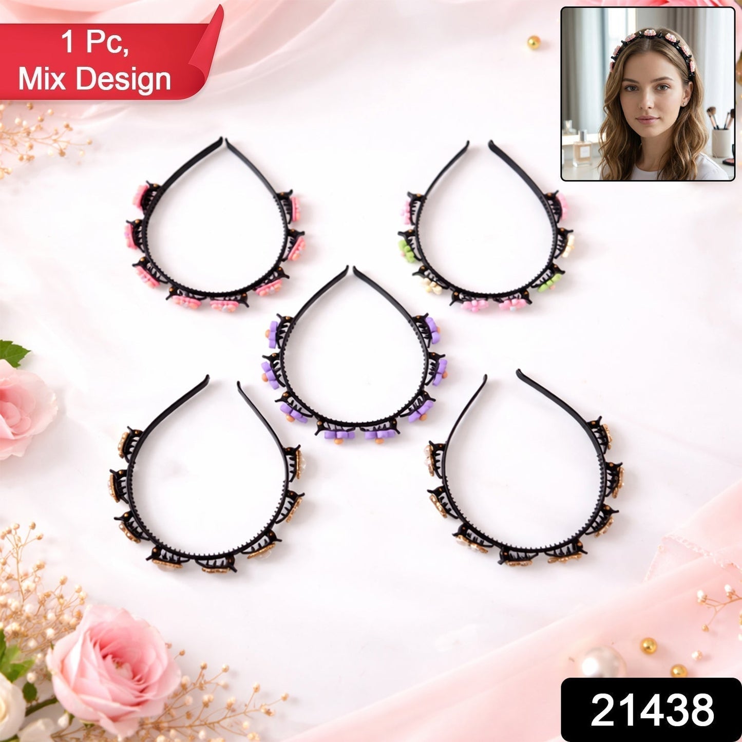 Decorative Floral Beaded Hairband for Women & Girls (1 Pc, Mix Design)