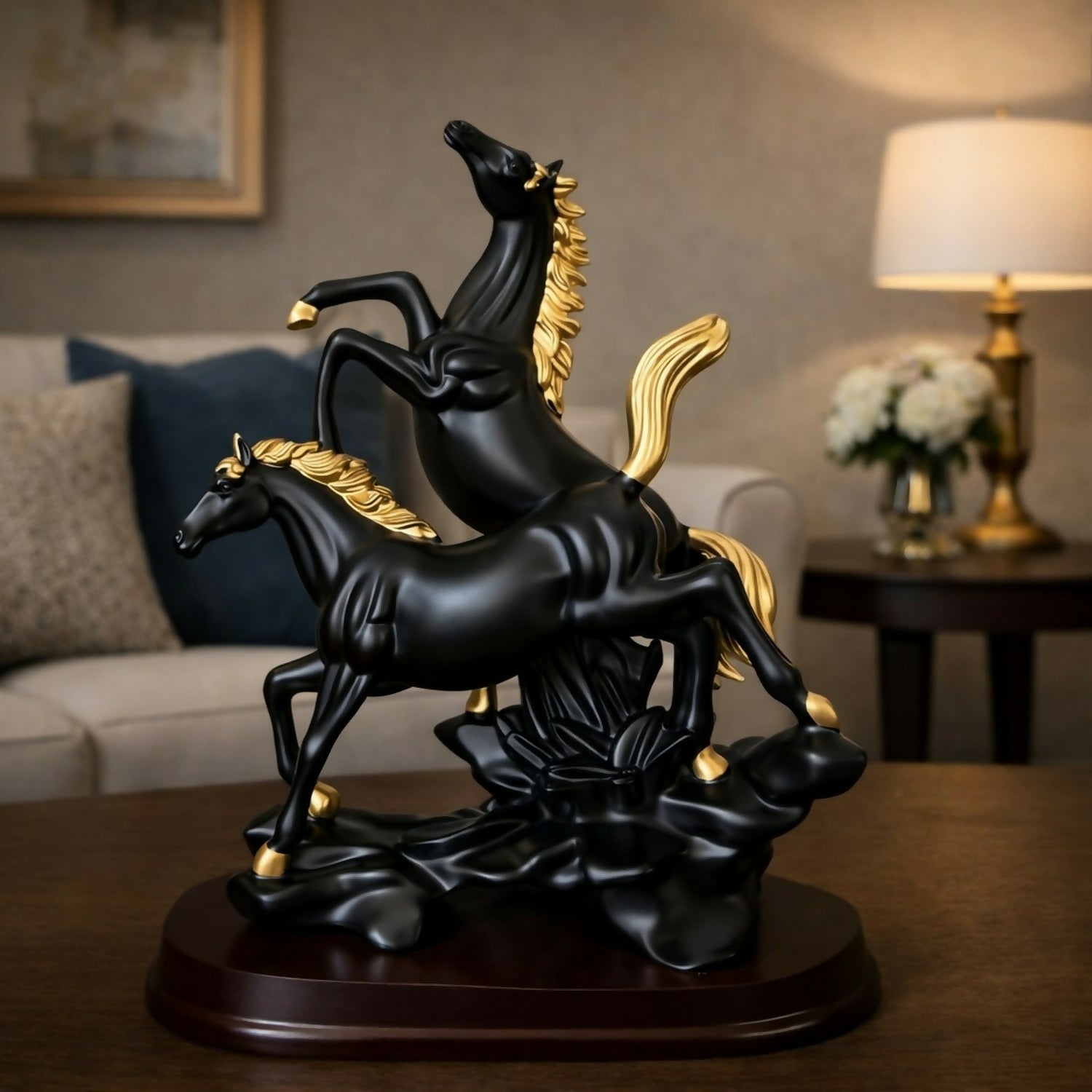 Black Gold Horse Statue Showpiece for Home Decor Table Accent