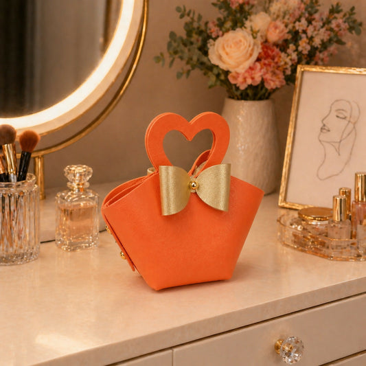 Orange Mini Cute Handbag with Heart Handle and Bow Detail