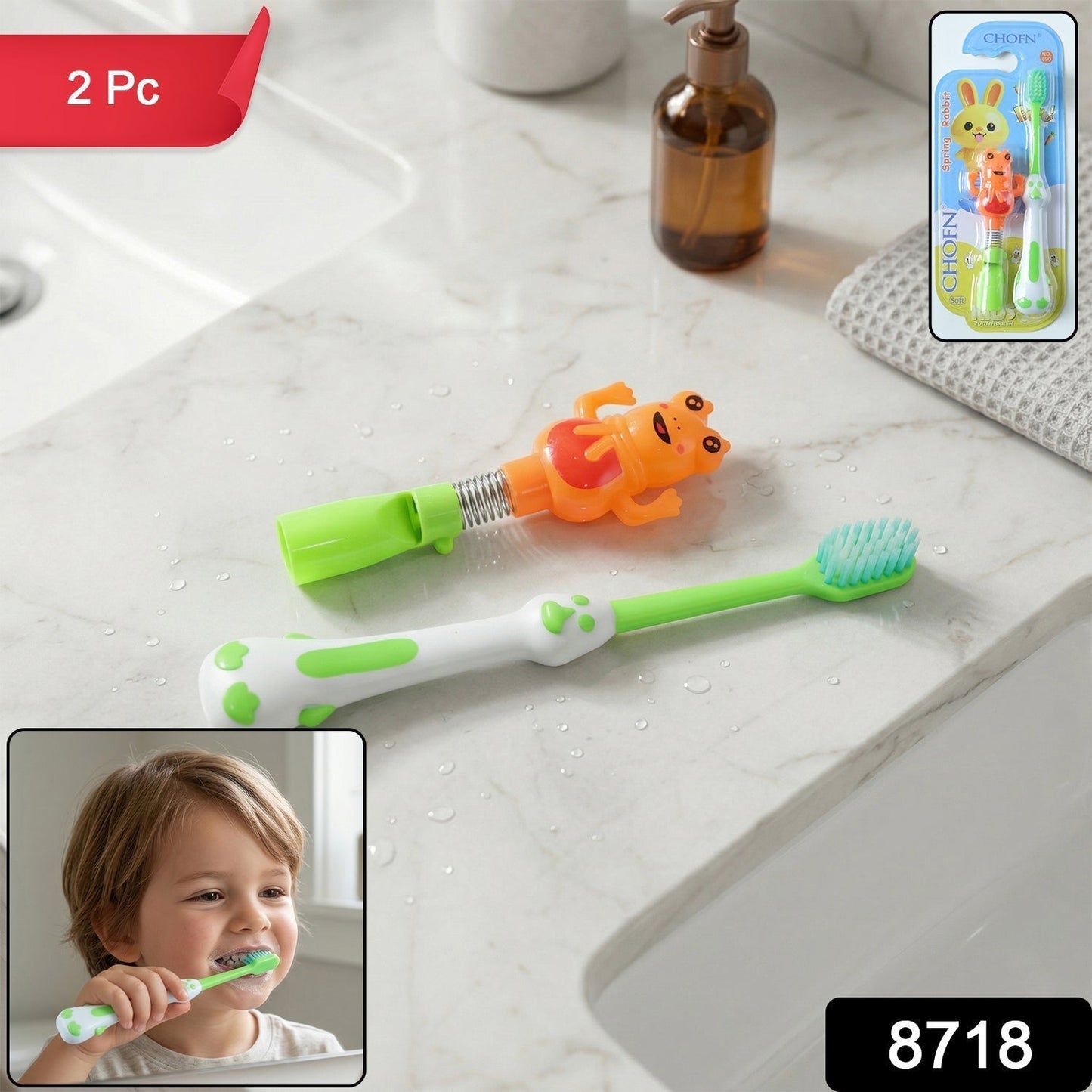 Kids Cartoon Spring Frog Toy With Toothbrush Set (2 Pc Set)