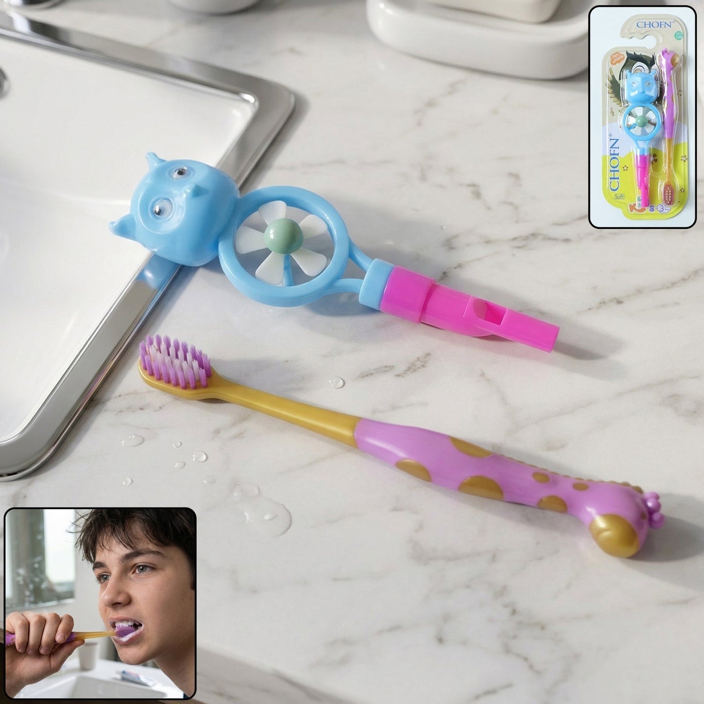Kids Toothbrush with Cartoon Whistle Fan (2 Pc Set)