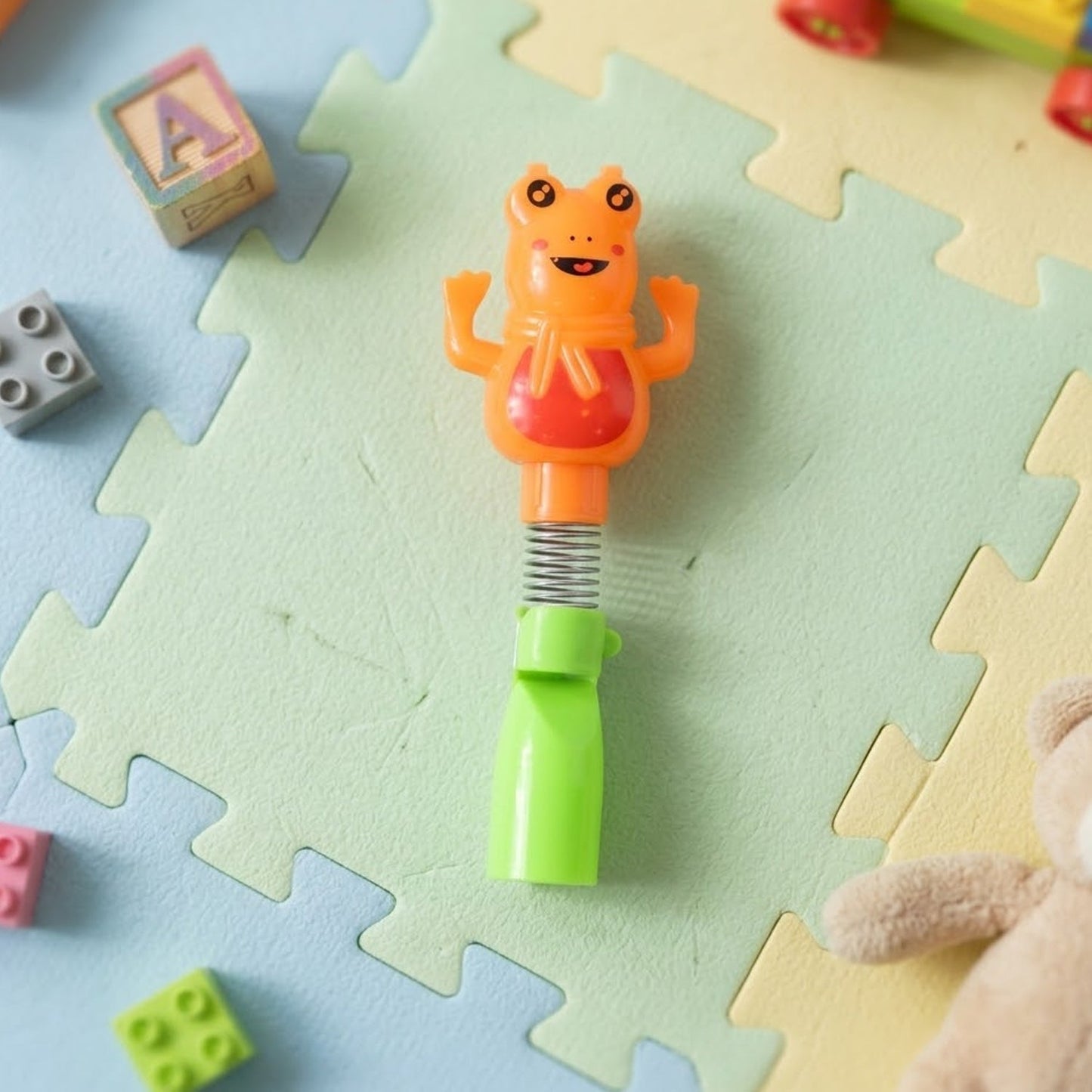 Kids Cartoon Spring Frog Toy With Toothbrush Set (2 Pc Set)
