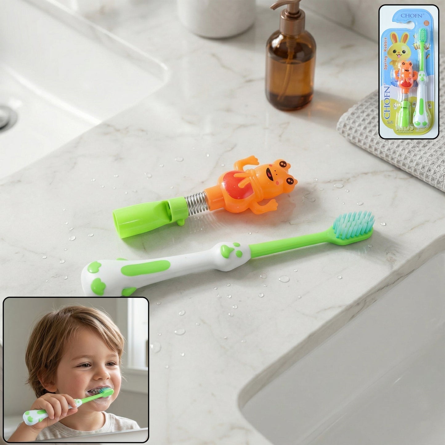 Kids Cartoon Spring Frog Toy With Toothbrush Set (2 Pc Set)