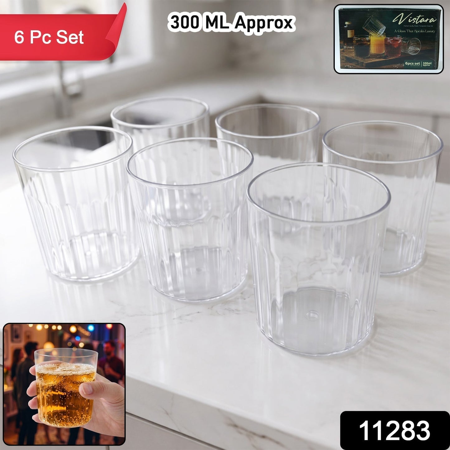 Premium Transparent Drinking Glass Set (6 Pc Set, 300 ML Approx)