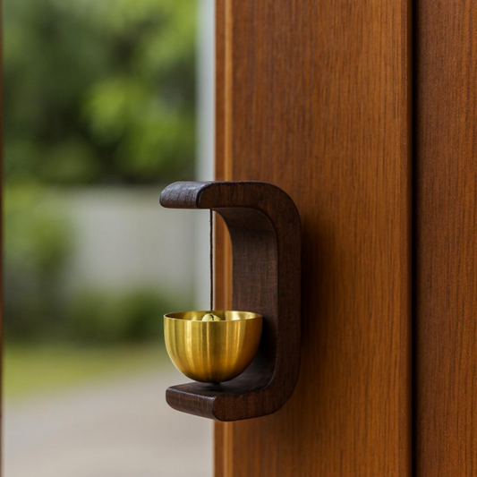 Handcrafted Wooden Door Bell with Premium Brass Bell | Vintage Hanging Door Chime for Home Entrance, CafÃ©, Shop & Temple DÃ©cor | Clear Soothing Tone | Rustic Wooden Frame Doorbell for Main Door, Living Room & Office
