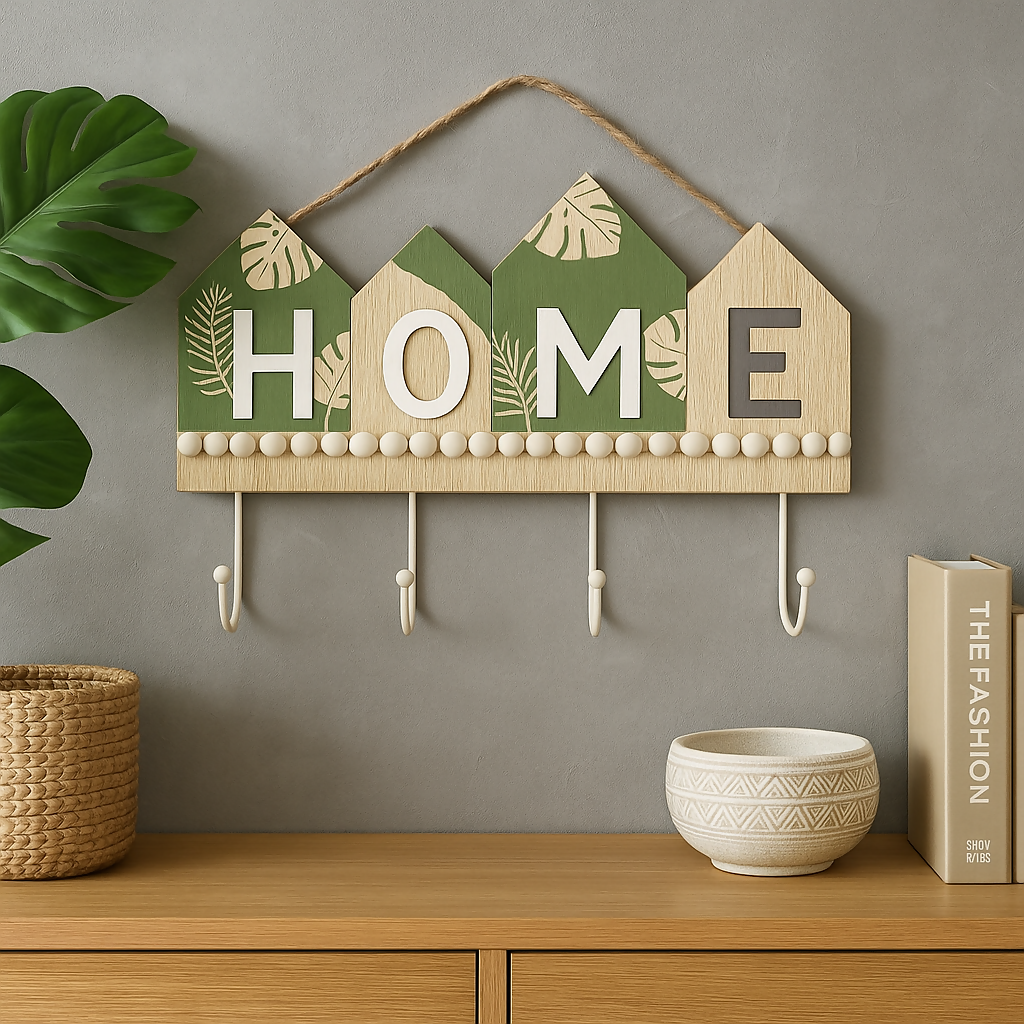 Wooden HOME Key Holder with 4 Hooks â€“ Rustic Entryway Decor