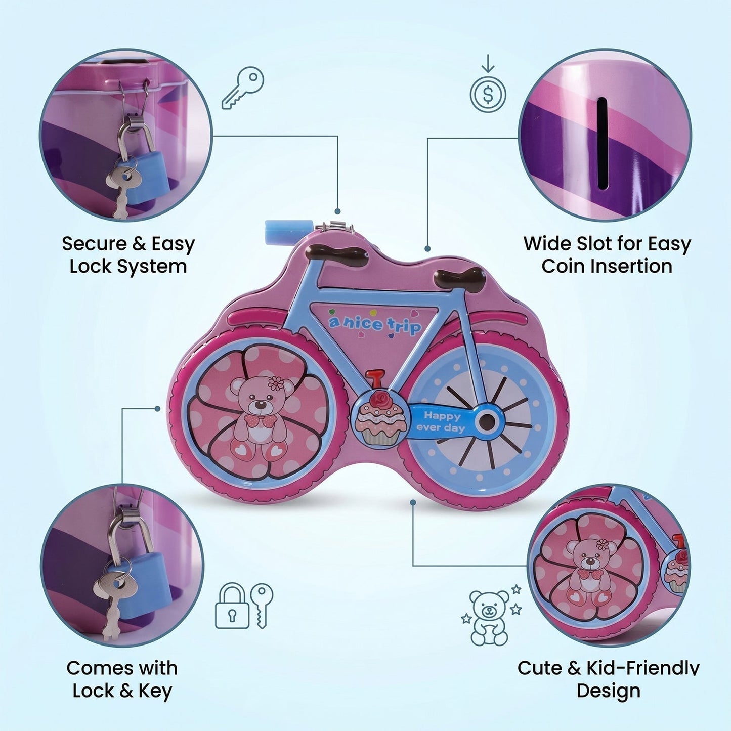 Bicycle Shape Piggy Bank With Lock & Key– 1 Pc,