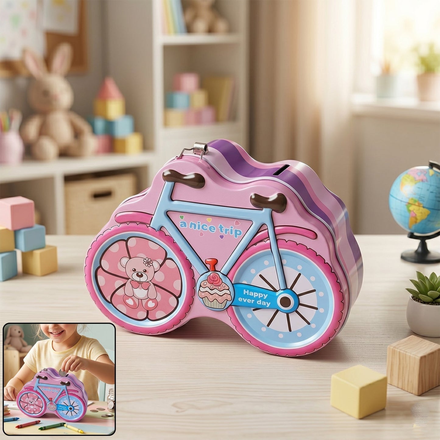 Bicycle Shape Piggy Bank With Lock & Key– 1 Pc,