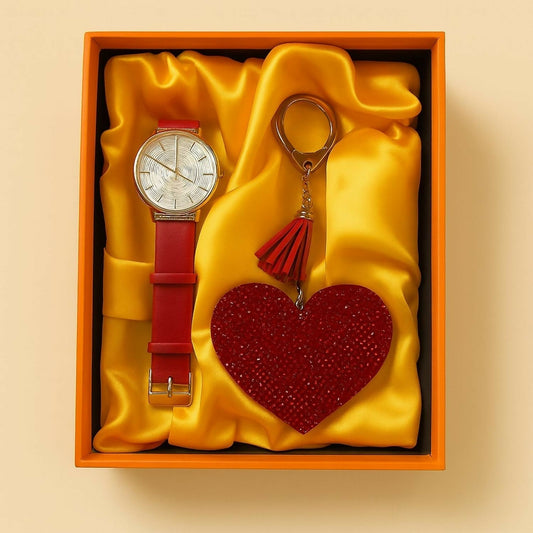 Stylish Leather Strap Analog Watch with Sparkling Heart Keychain