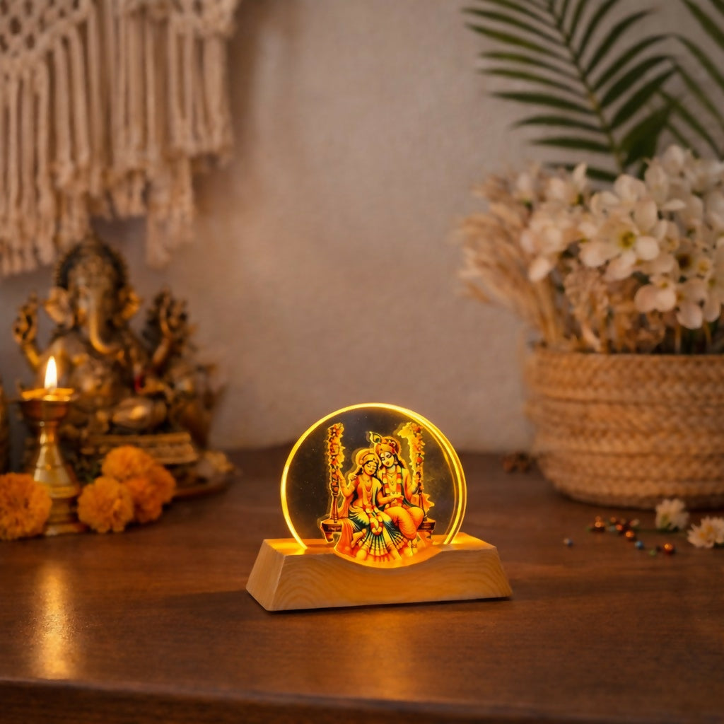 LED Radha Krishna on swing Acrylic Night Lamp with Wooden Base Decor