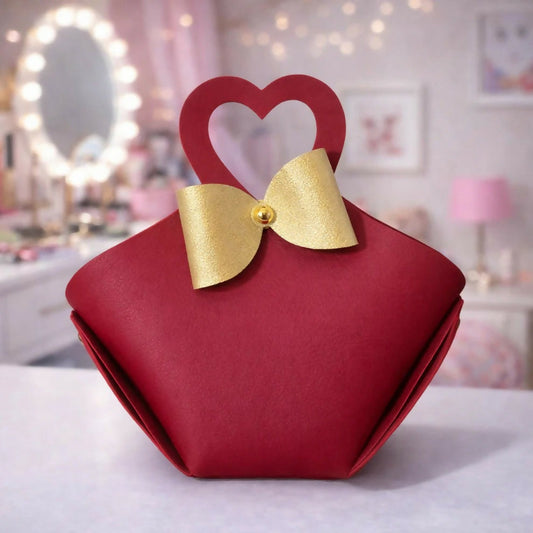 Maroon Mini Handbag with Heart Handle and Bow Compact Cute Purse