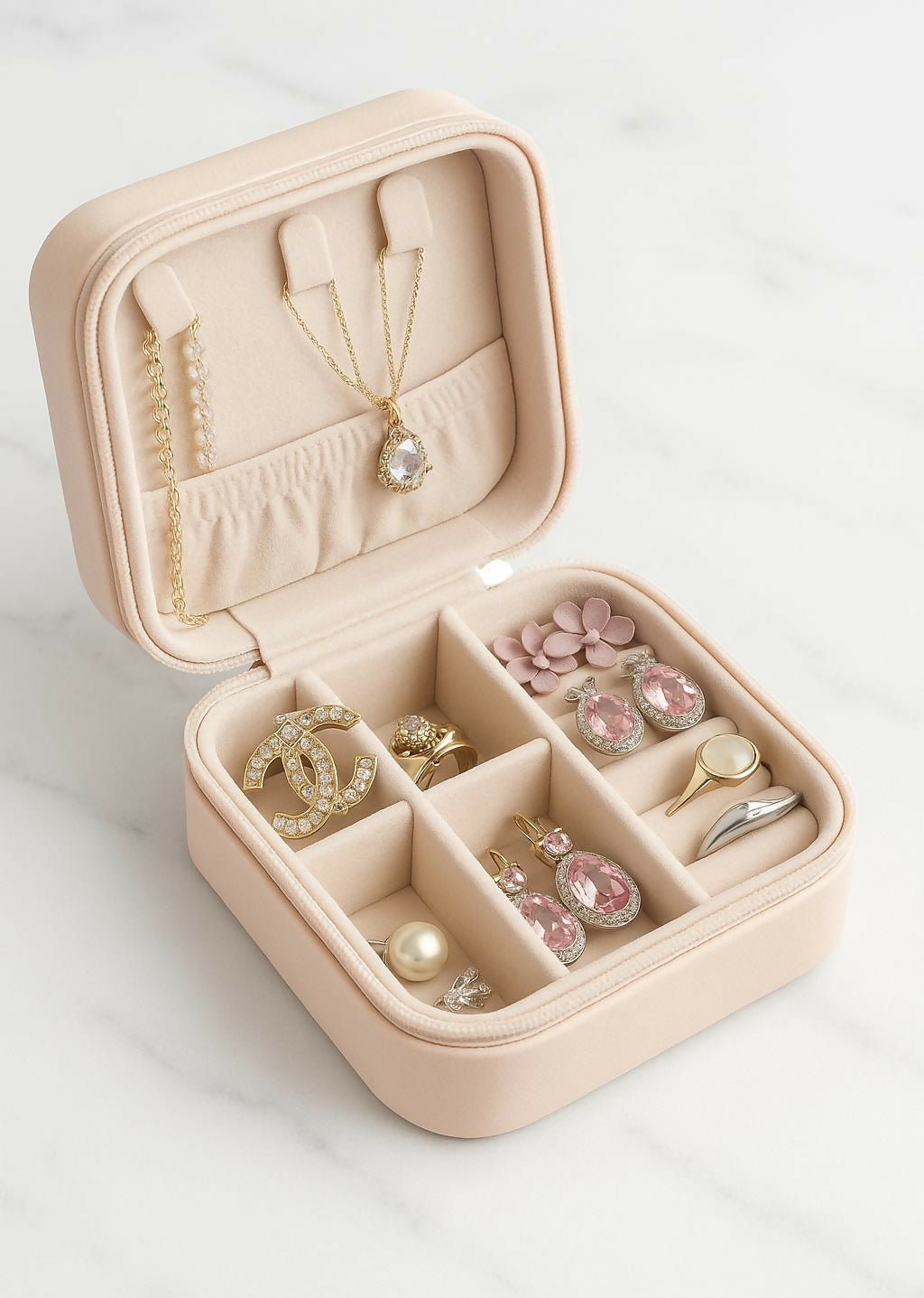 Premium Velvet Travel Jewelry Organizer Box (Blush Pink)