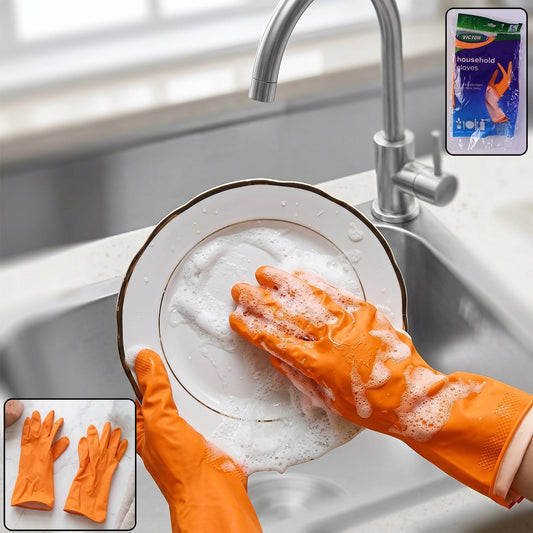 Large Victor Orange Cleaning Rubber Gloves Reusable Kitchen Dishwash (1 Pair)