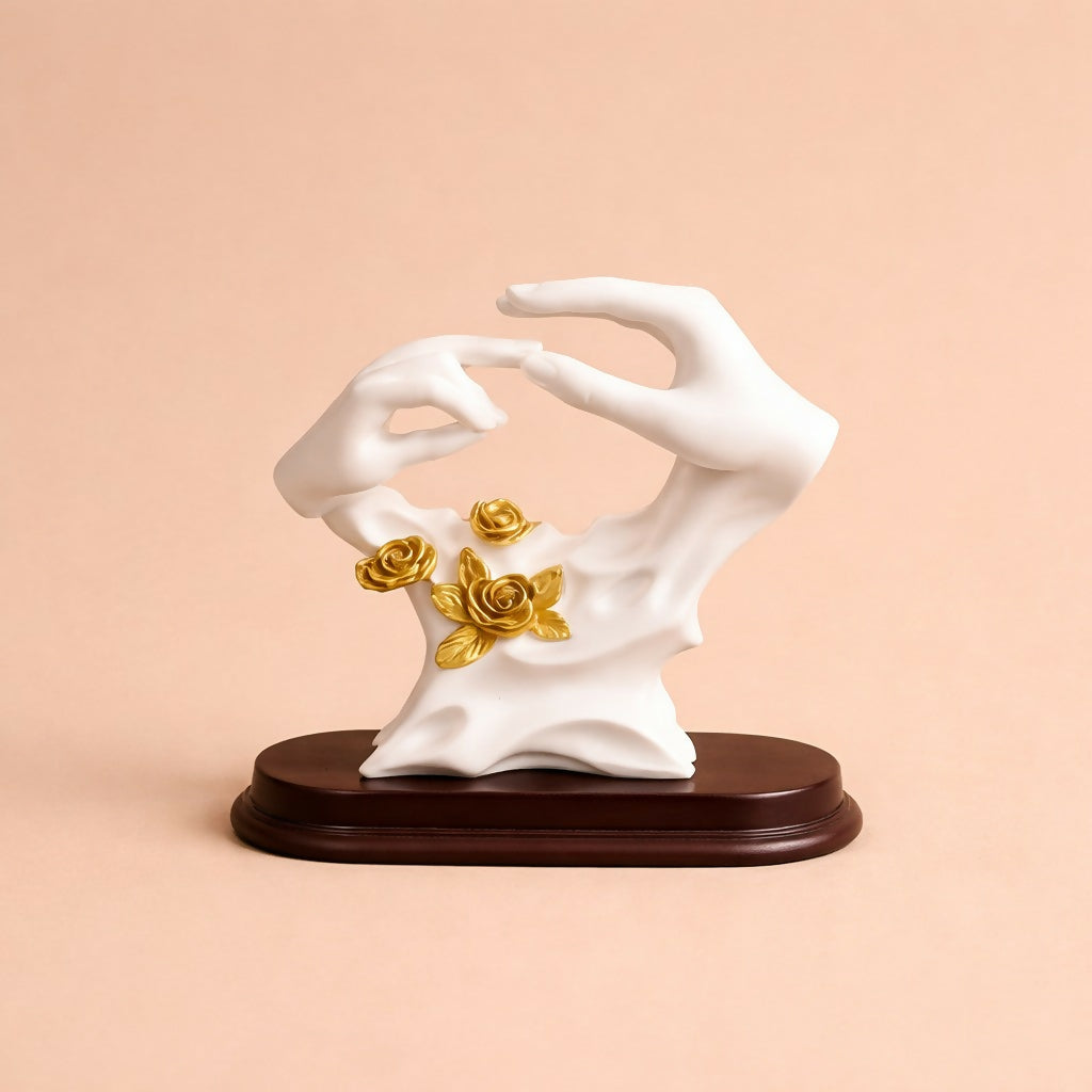 White and Gold Abstract Hand Sculpture Showpiece with Floral Design for Home Decor