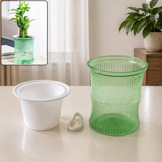 Self-Watering Bamboo Style Plastic Flower Pot with Cotton Wick (1 Pc)