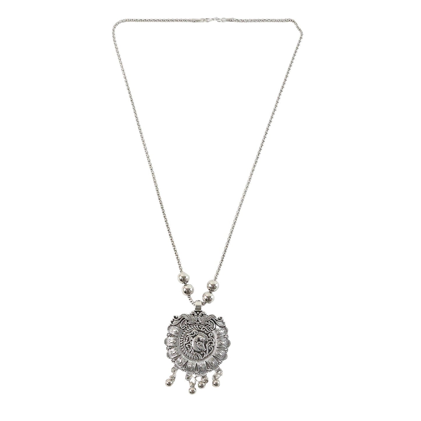 Antique Silver-Tone Oxidized Floral Medallion Pendant Necklace (1 Pc)
