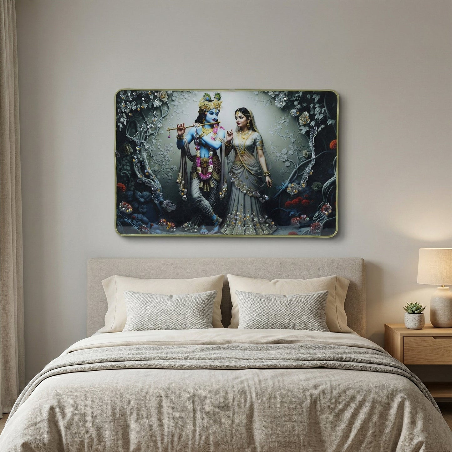 Divine Radha Krishna Flute Art Wall Frame (1 Pc, 45x30 Cm)
