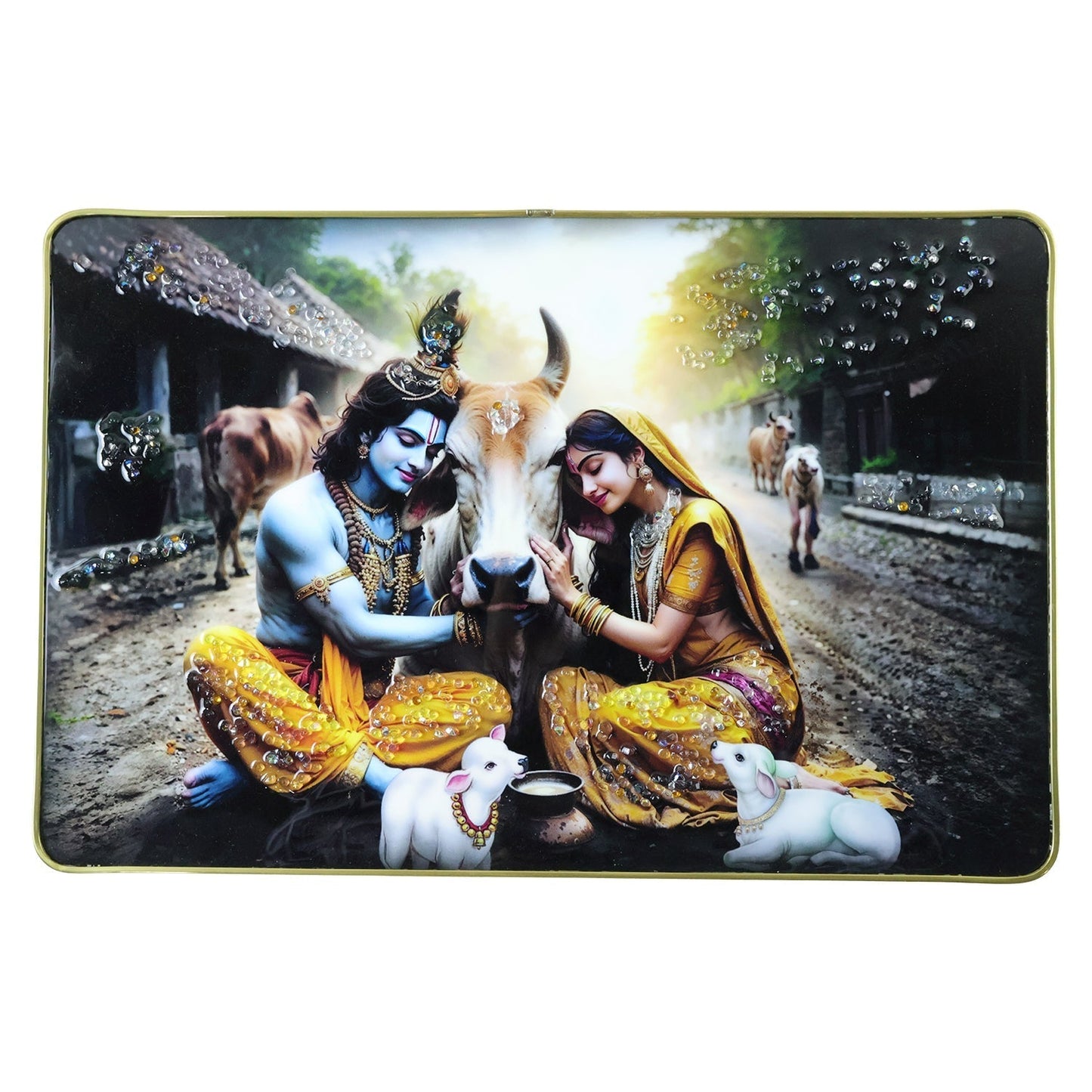 Peaceful Radha Krishna Village Scene Wall Art Frame (1 Pc, 45x30 Cm)