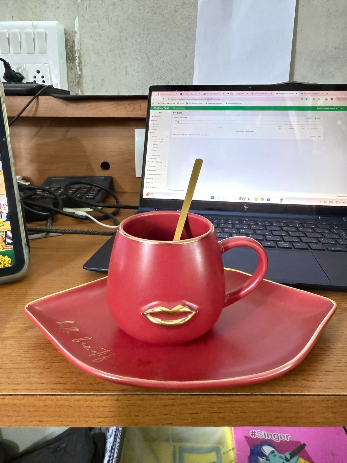 Red Ceramic Coffee Mug with Tray & Spoon Lip Design Cup Set