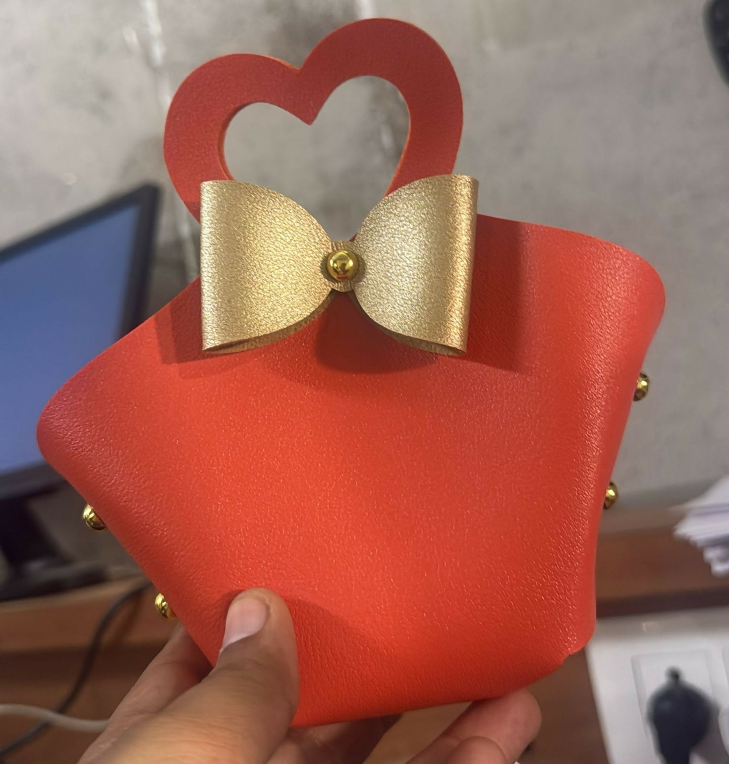 Orange Mini Cute Handbag with Heart Handle and Bow Detail