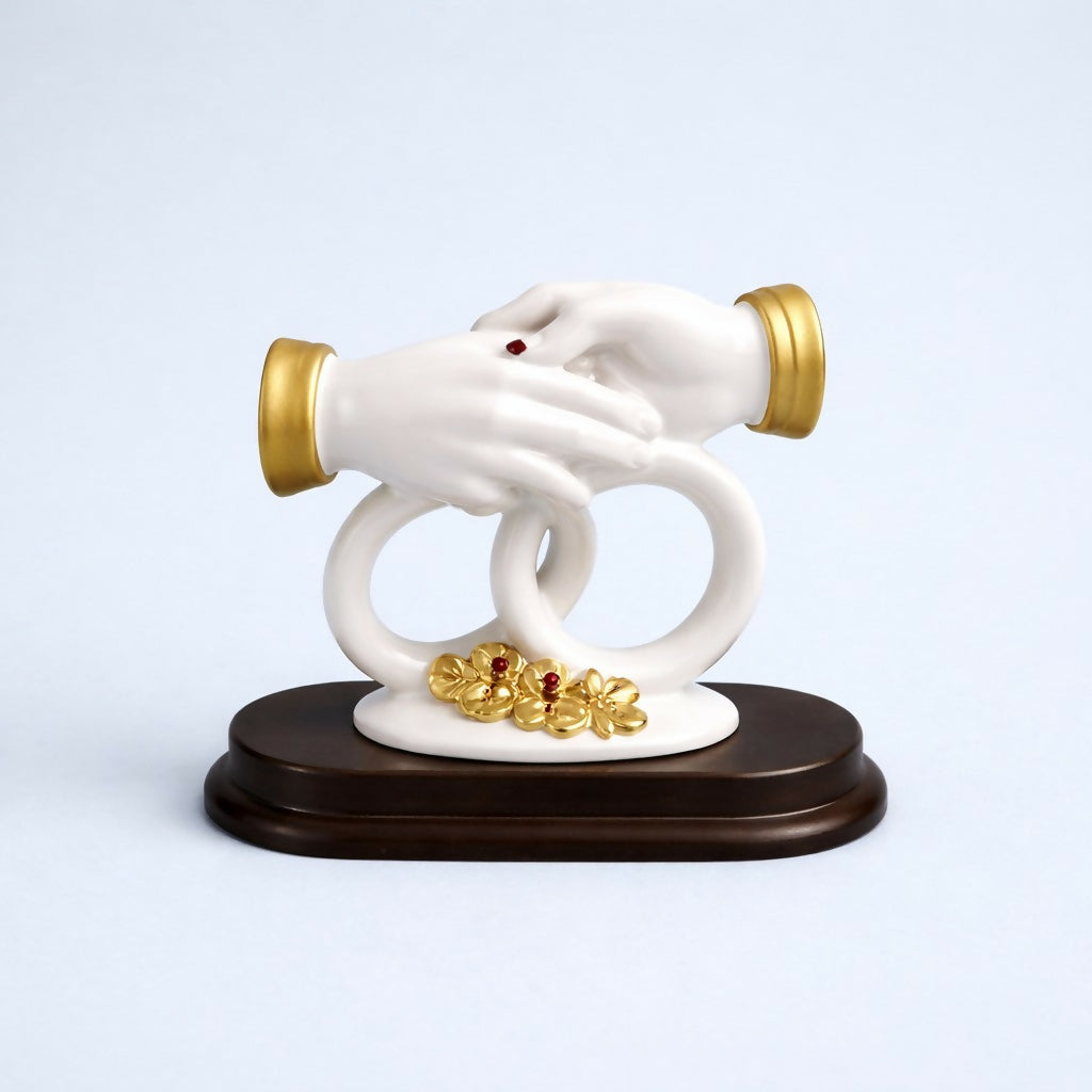 White and Gold Couple Hand Sculpture Showpiece with Ring Design Home Decor