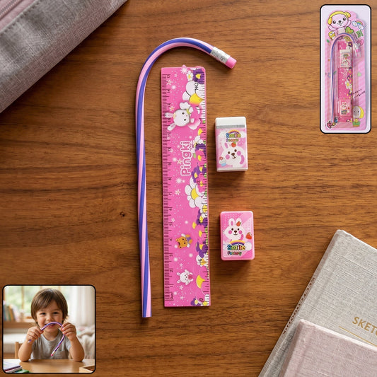 4-In-1 Cute Pink Stationery Set with Ruler, Pencil, Eraser & Sharpener