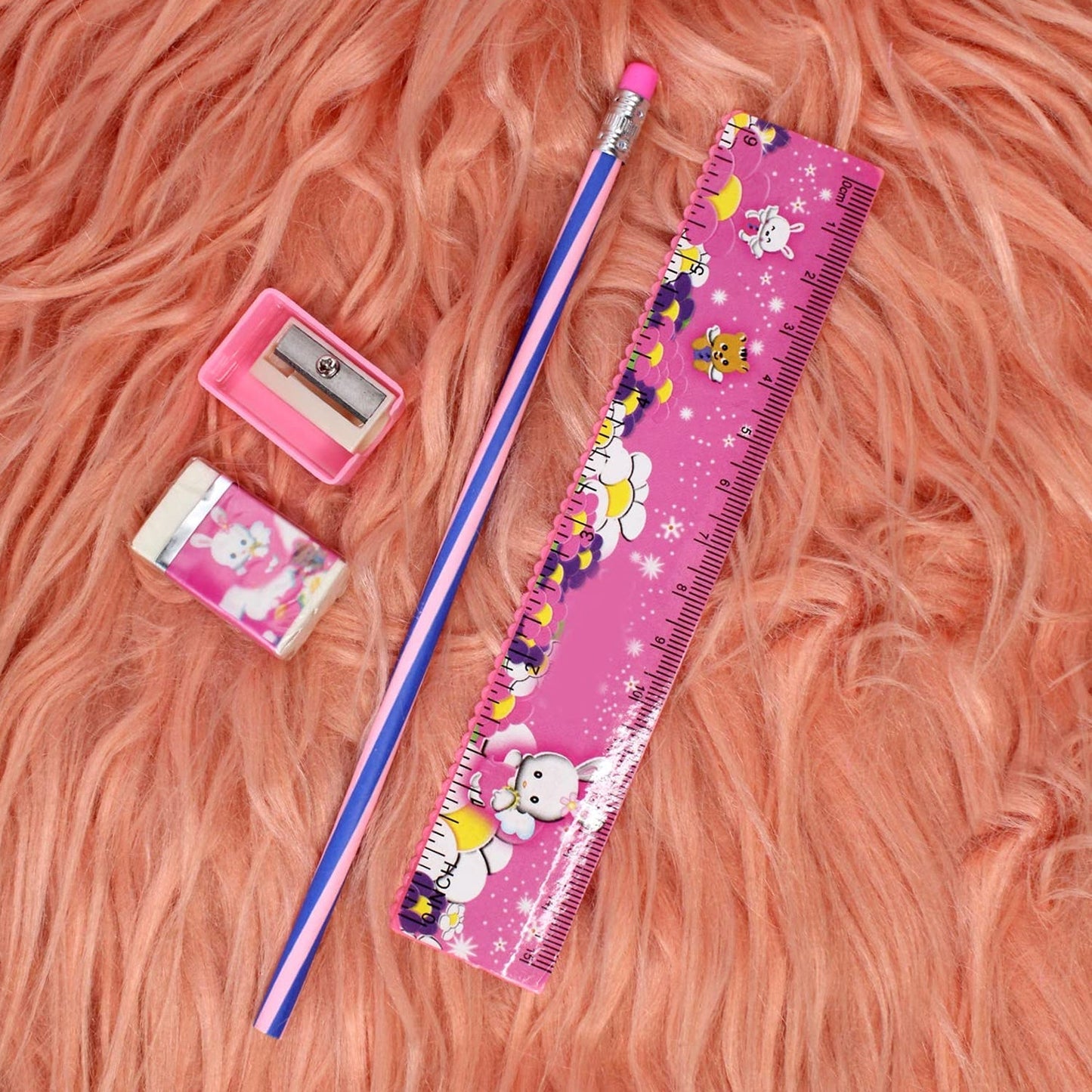 4-In-1 Cute Pink Stationery Set with Ruler, Pencil, Eraser & Sharpener