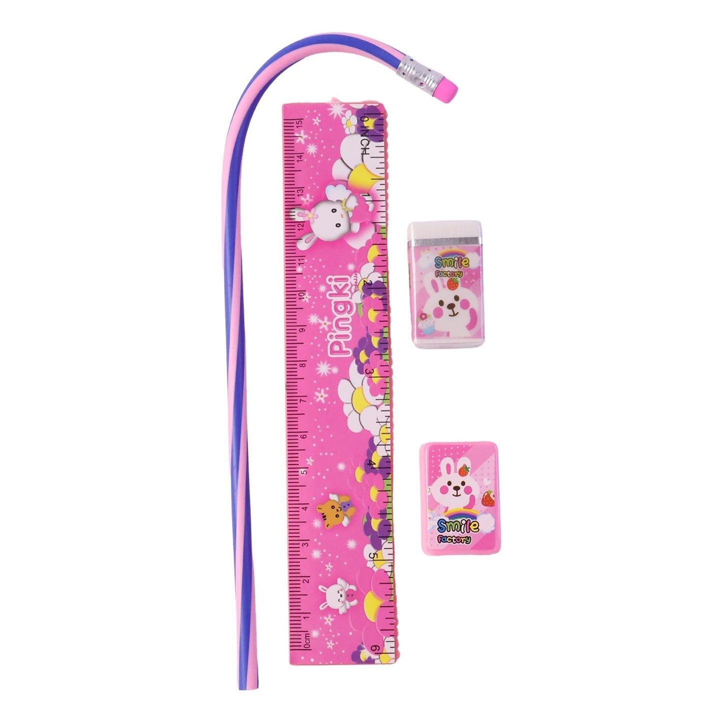 4-In-1 Cute Pink Stationery Set with Ruler, Pencil, Eraser & Sharpener