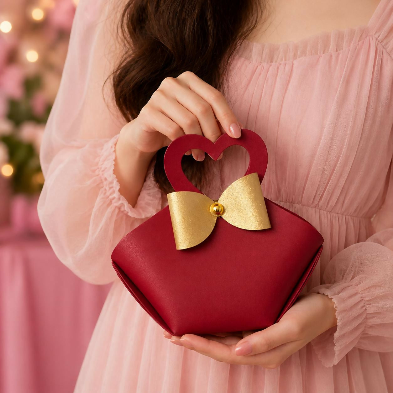 Maroon Mini Handbag with Heart Handle and Bow Compact Cute Purse