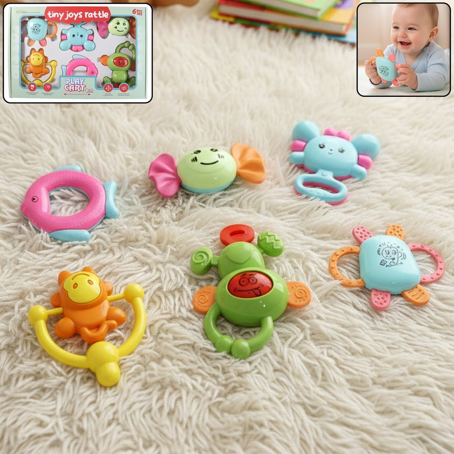Play Cart Tiny Joys Rattle Toy Set â€“ 6-in-1 Baby Rattles