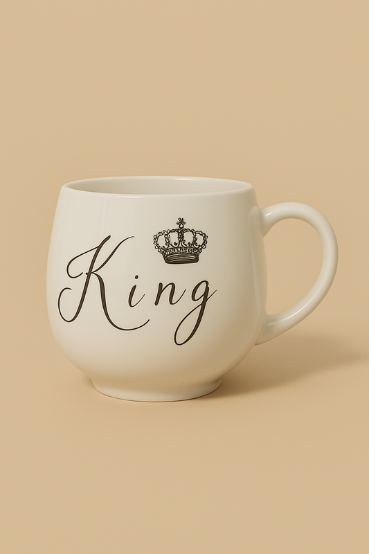 Elegant White Ceramic "King" Printed Mug with Crown Design
