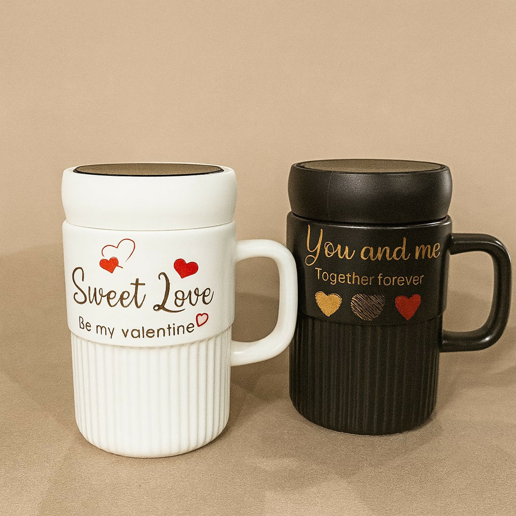 Premium Sweet Love Ceramic Mug with Lid & Spoon | Romantic Valentine Gift Cup for Couples | Leak-Resistant Lid, Large Capacity Coffee/Tea Mug | â€œSweet Loveâ€ & â€œYou & Meâ€ Printed Heart Design | Microwave Safe | Ideal for Gifting