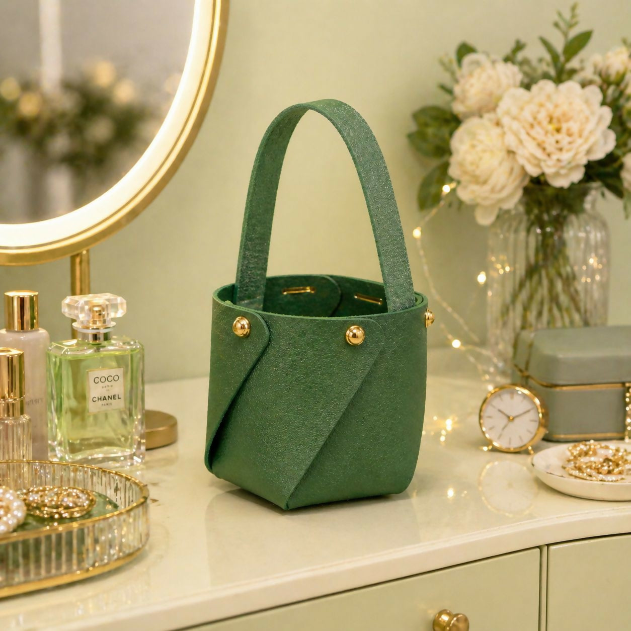 Green Mini Bucket Style Handbag with Handle and Stud Detail