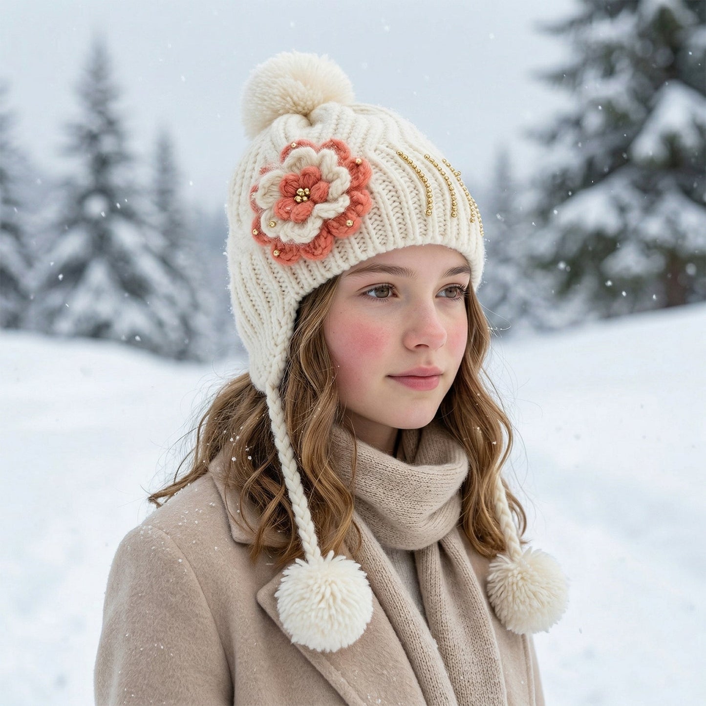 Cute Kids Winter Woolen Ear Flap Cap with Pom Pom (1 Pc, Mix Design)