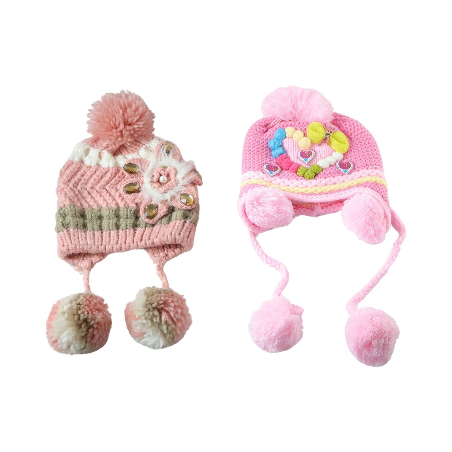 Cute Kids Winter Woolen Ear Flap Cap with Pom Pom (1 Pc, Mix Design)