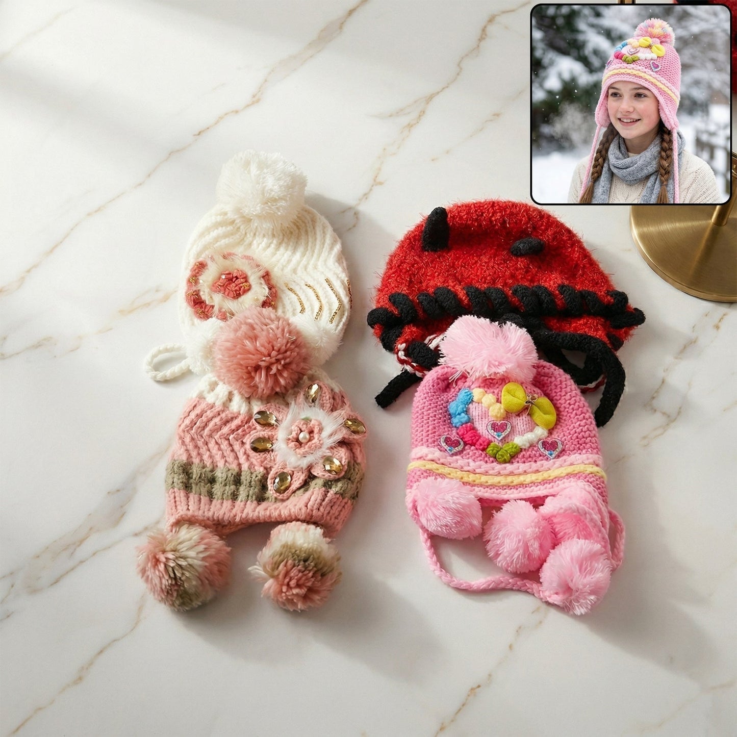 Cute Kids Winter Woolen Ear Flap Cap with Pom Pom (1 Pc, Mix Design)