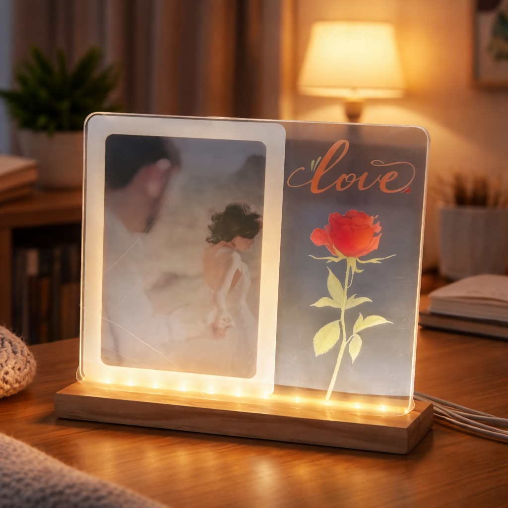 LED Acrylic Photo Frame with Rose Design & Wooden Base Decor