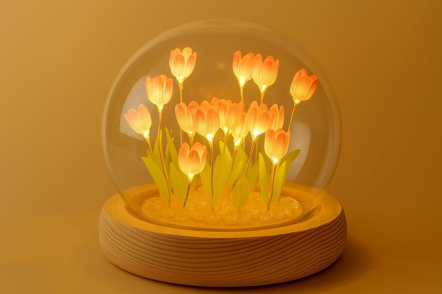 LED Peach Orange Tulip Flower Light Dome with Glass Cover and Wooden Base