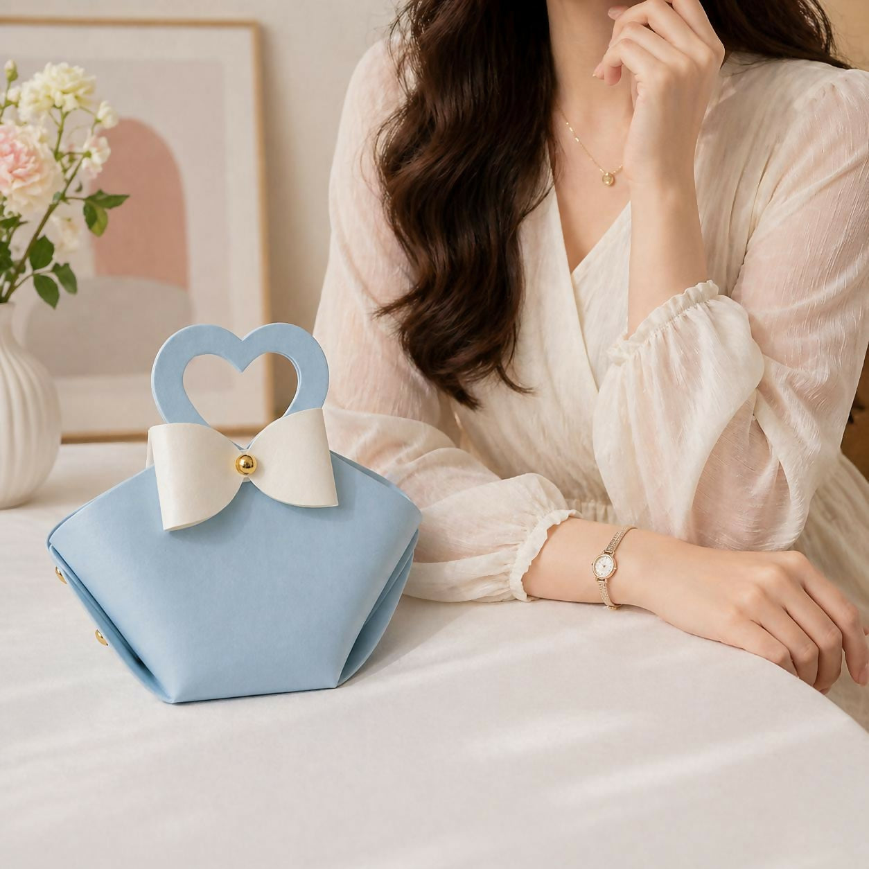 Light Blue Mini Cute Handbag with Heart Handle and Bow Design