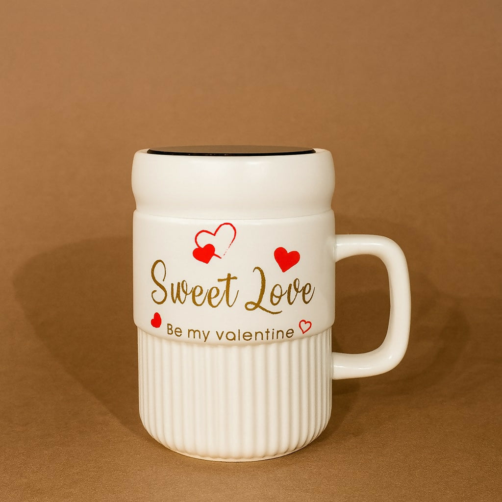 Premium Sweet Love Ceramic Mug with Lid & Spoon | Romantic Valentine Gift Cup for Couples | Leak-Resistant Lid, Large Capacity Coffee/Tea Mug | â€œSweet Loveâ€ & â€œYou & Meâ€ Printed Heart Design | Microwave Safe | Ideal for Gifting