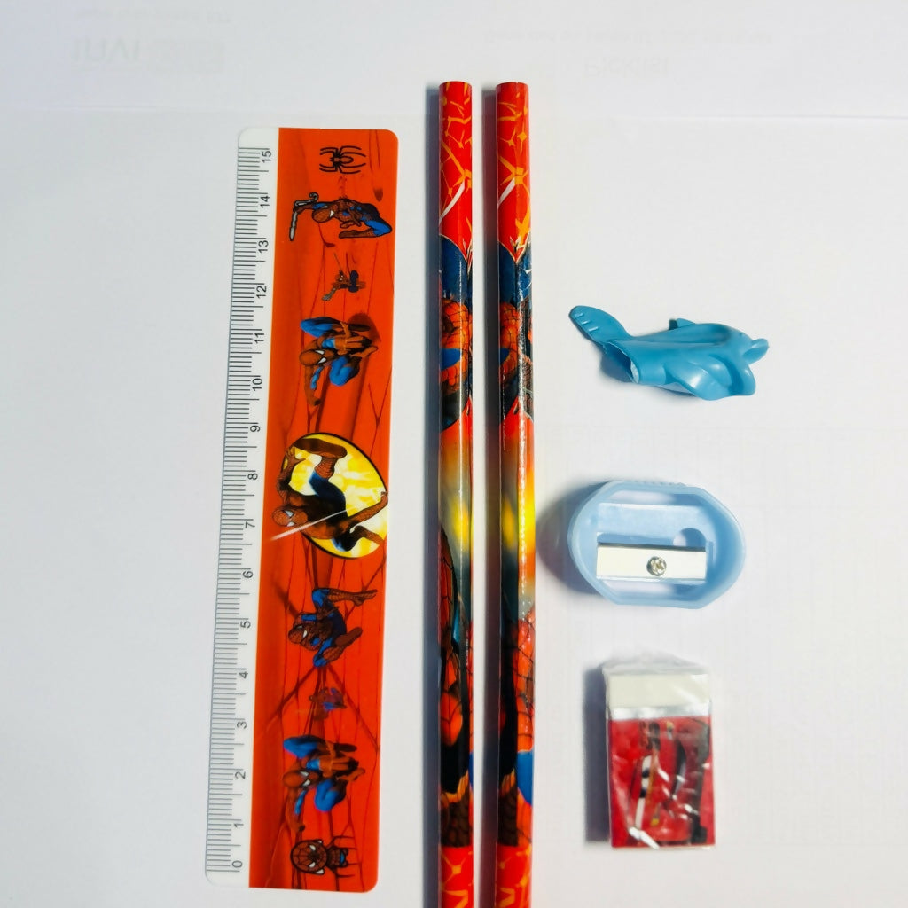 Kids Superhero Stationery Set with 2 Pencils, Ruler, Eraser & Sharpener