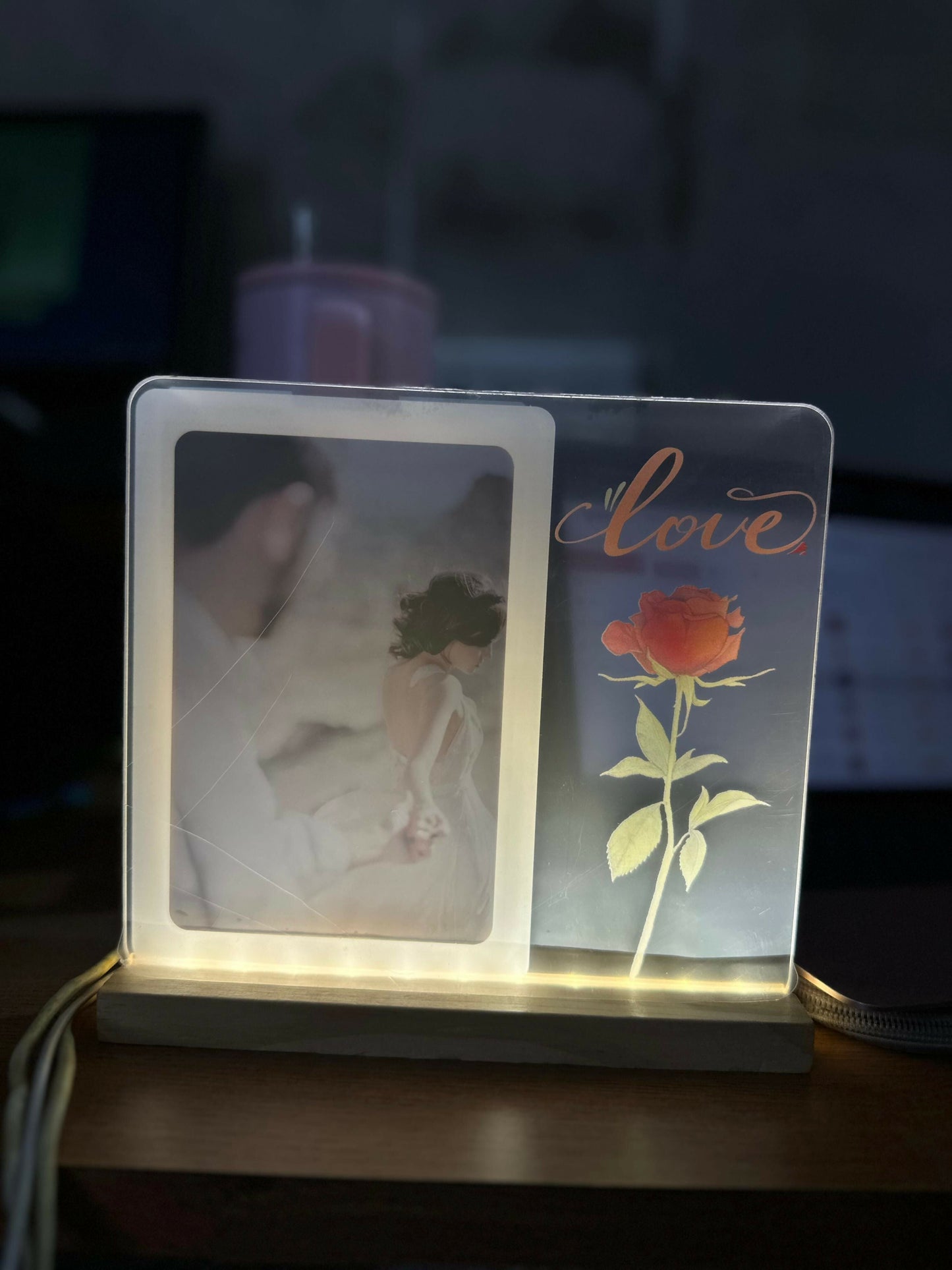 LED Acrylic Photo Frame with Rose Design & Wooden Base Decor