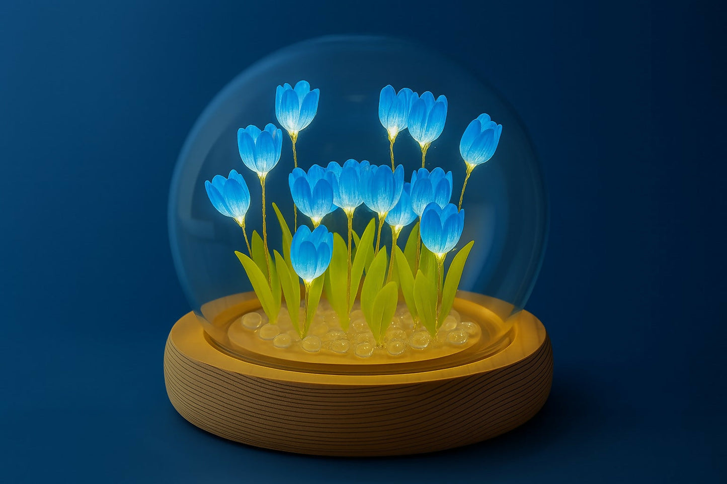 LED Blue Tulip Flower Dome Lamp with Wooden Base for Home Decor