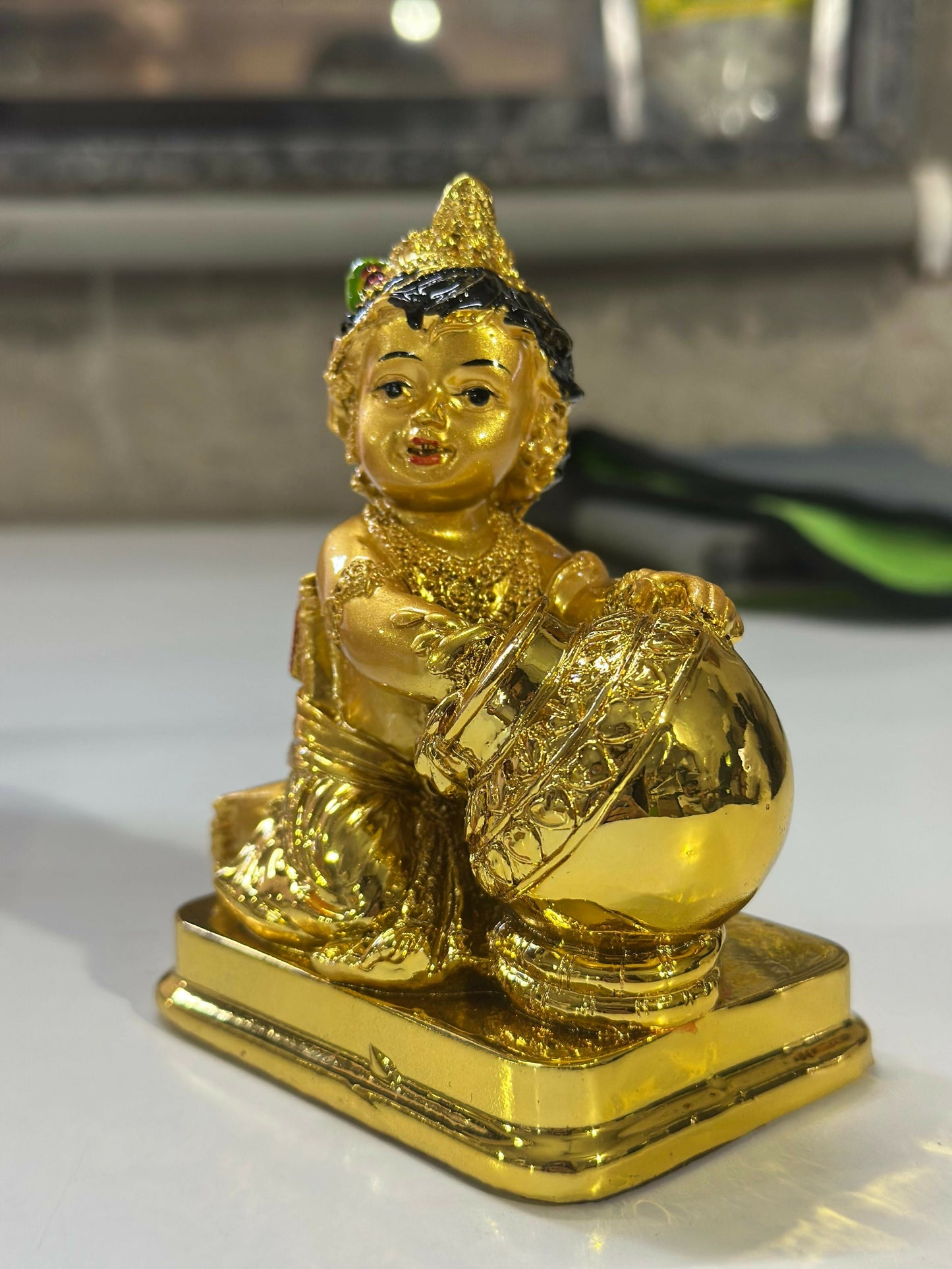Gold Finish Baby Krishna with Butter Pot Decorative Idol for Home
