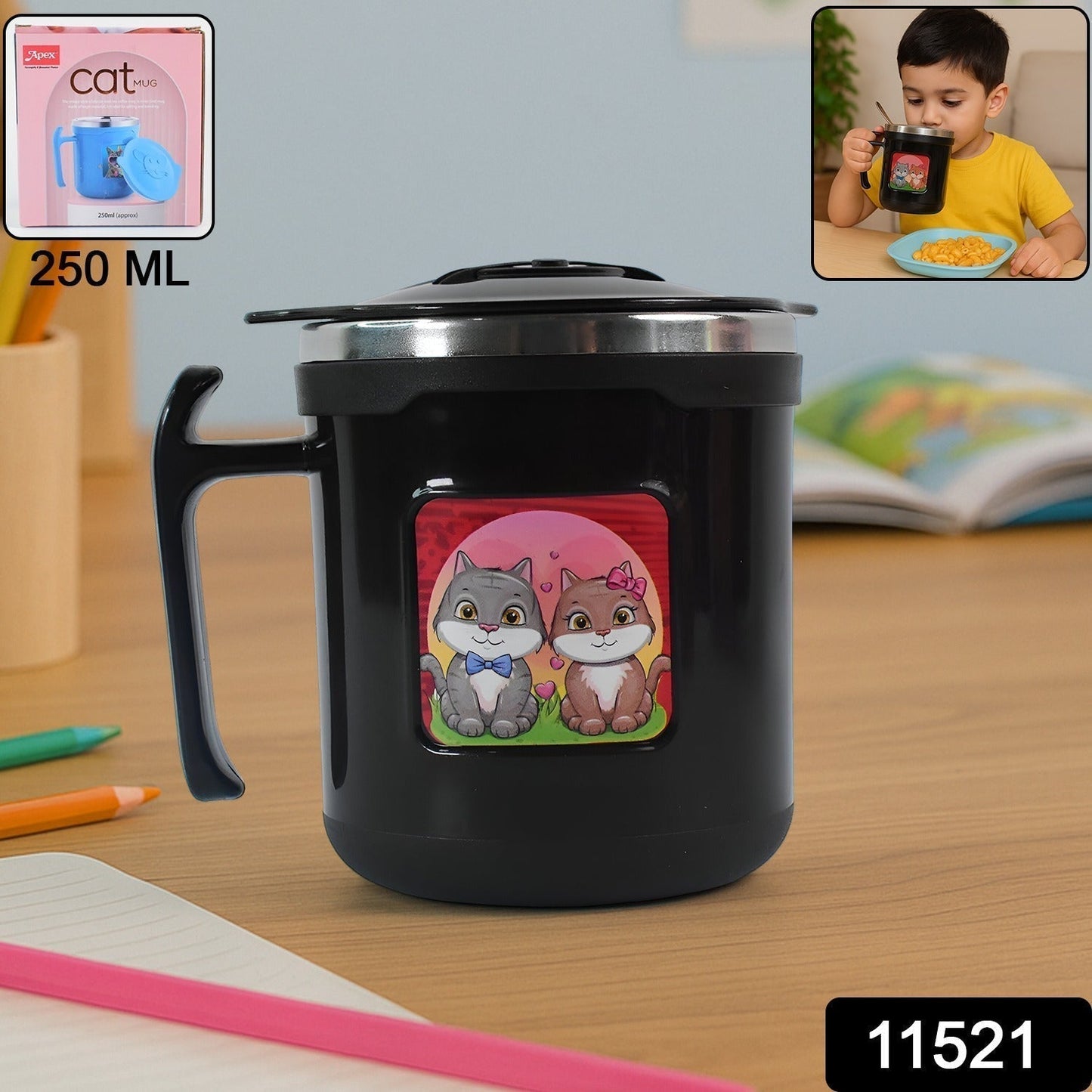 1 Pc Apex Cat Mug â€“ 250 ml Stainless Steel Insulated Inner with Cute Cat Print