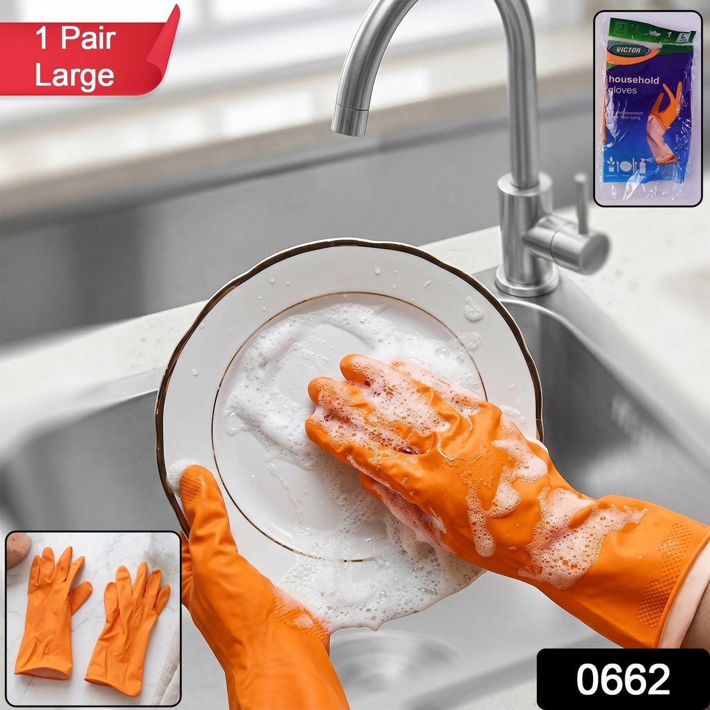 Large Victor Orange Cleaning Rubber Gloves Reusable Kitchen Dishwash (1 Pair)