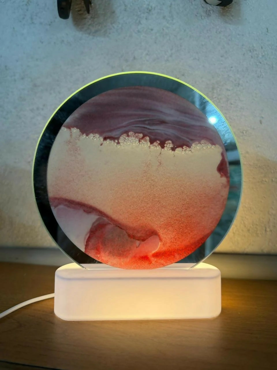 Red Moving Sand Art LED Lamp Round Decorative Desk Night Light