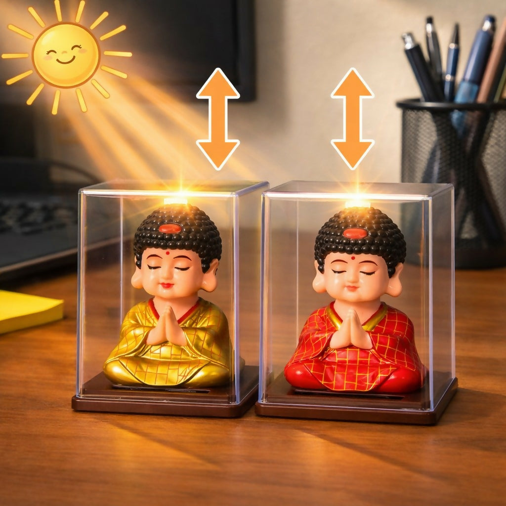 Solar Powered Buddha Bobble Head in Clear Display Case (Color may vary)
